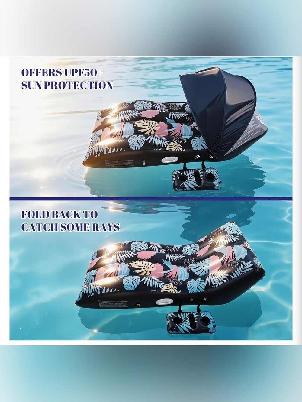 EUC Inflatable Ergonomic Adult Beach Lounger Tropical Leaf Print, Navy Pink Teal - Picture 7 of 15